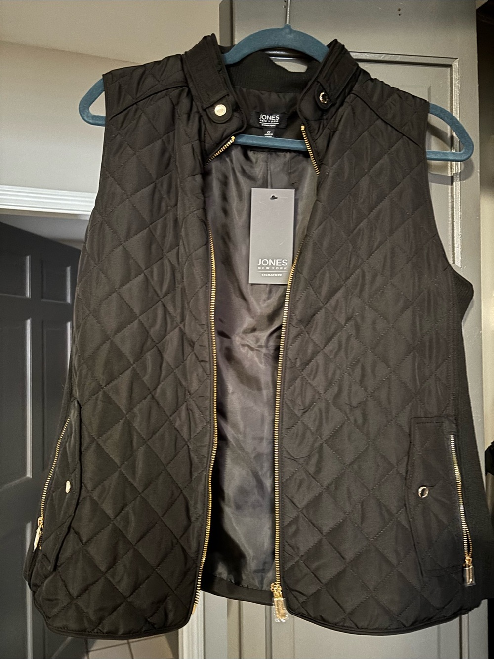 Jones New York Black Quilted Stand-Collar Vest with Gold Zipper